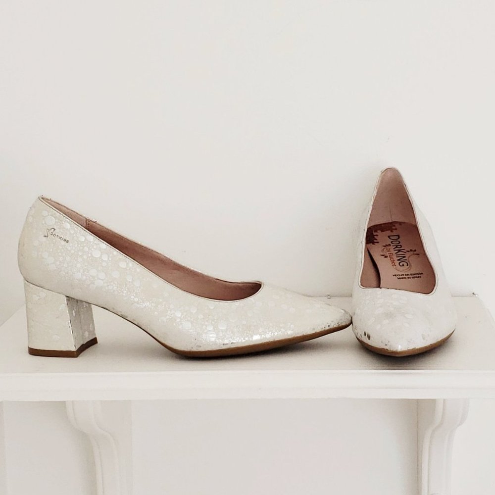 Women's Cream Patterned Block Heel Pumps